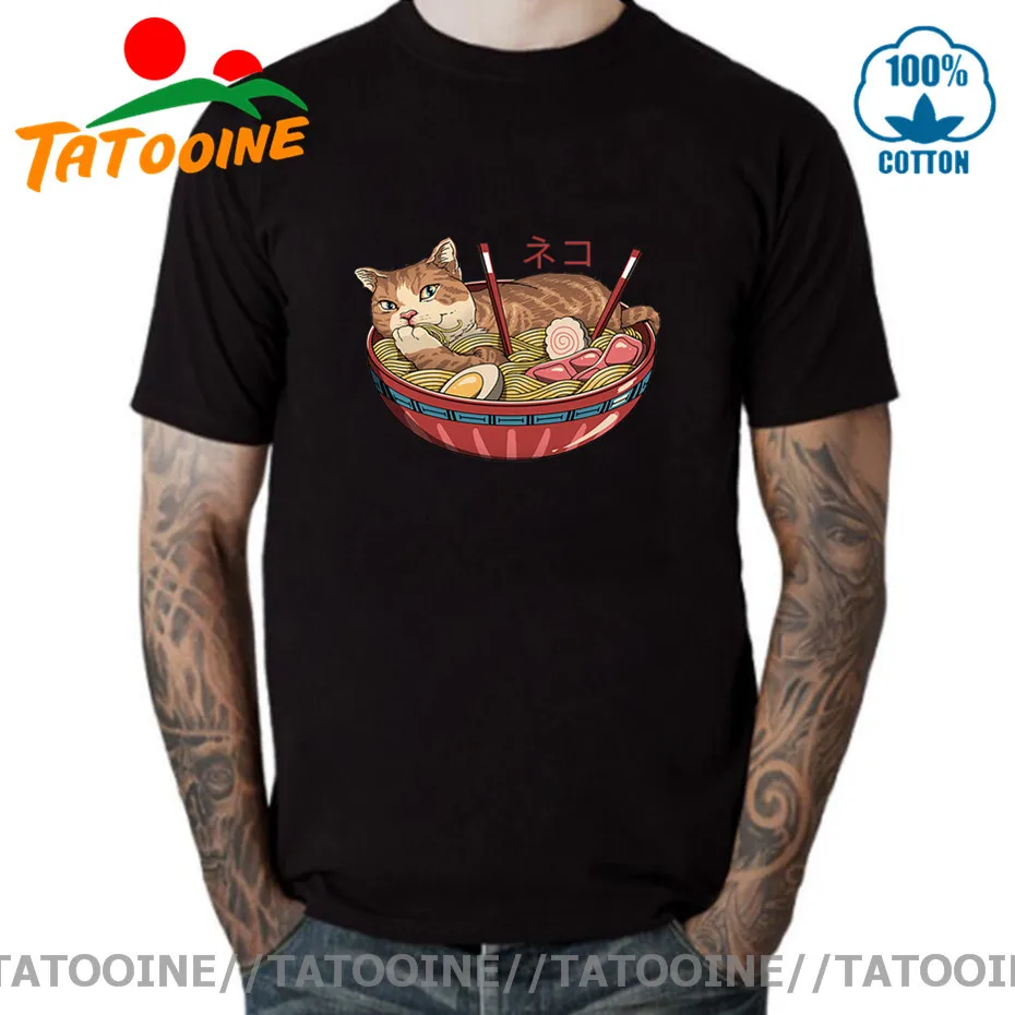 Милая Мужская футболка с рисунком японского кота Ramen Высококачественная