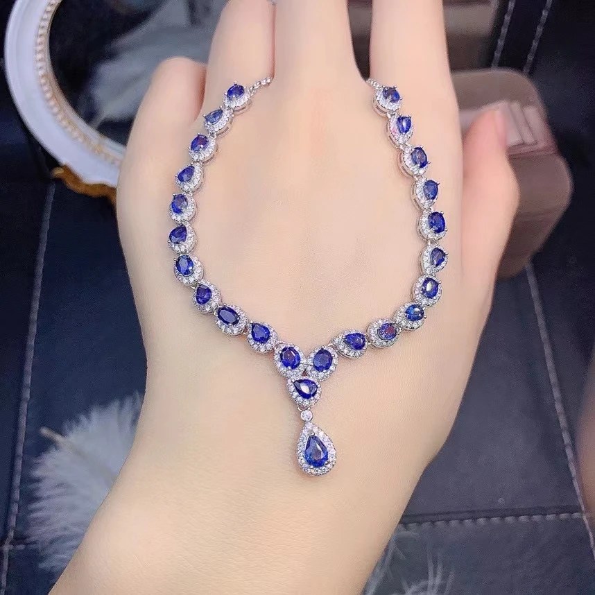 

MeiBaPJ Real Natural Sri Lanka Sapphire Gemstone Luxurious Necklace with Certificate 925 Pure Silver Fine Jewelry for Women