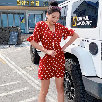 

Women Summer Short Sleeve V-neck Red Dot Overalls Shorts Jumpsuits Playsuits Female Beach Style Short Pants Romper