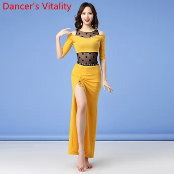 

New Winter Women Belly Dance Practice Clothes Mesh Splicing Top Drawstring Skirt Set Oriental Indian Dancing Training Garments