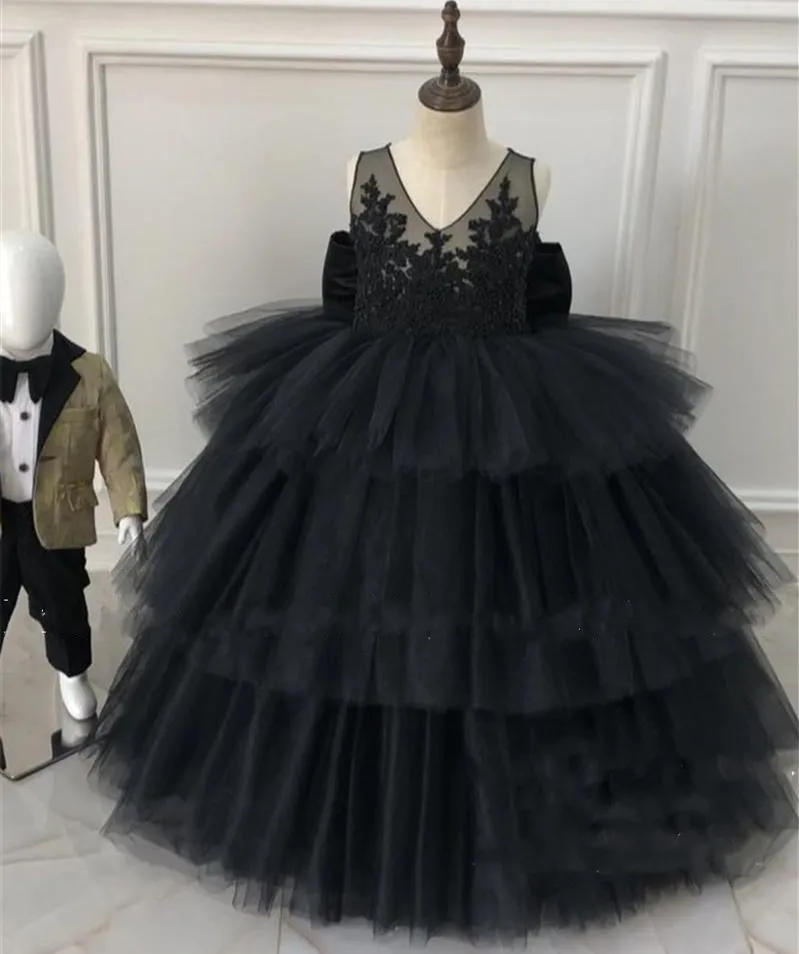 Новые платья на день рождения для маленьких девочек, бальное платье, кружевное платье с блестками, украшенное бисером размера плюс, пышное вечернее платье из тюля с бантом для девочек