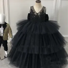 Новые платья на день рождения для маленьких девочек, бальное платье, кружевное платье с блестками, украшенное бисером размера плюс, пышное вечернее платье из тюля с бантом для девочек