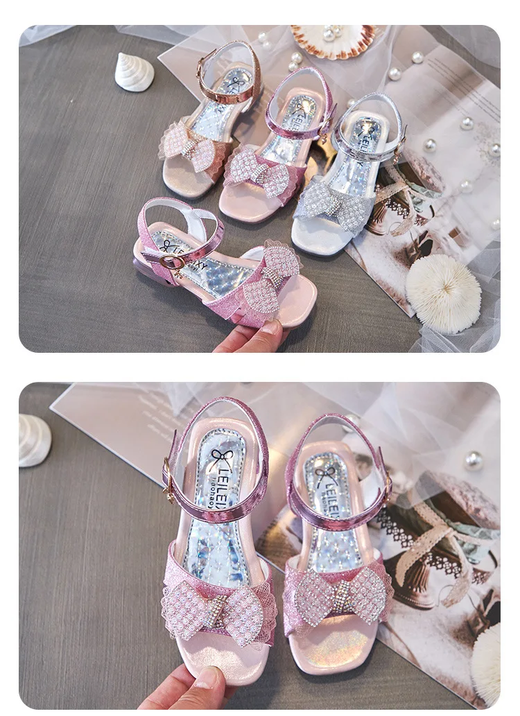 Girls Sandals Princess Shoes Children Shoes Square-Toe Soft-Sole Big Girls Low-heeled Princess Crystal Shoes Children's Sandals girl princess shoes