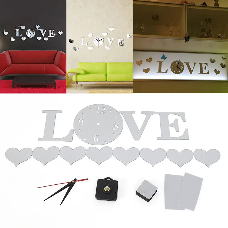 

LOVE Floor Clock Mirror Stickers Acrylic Glass Silver Home Decor 3d DIY Mirror 3D DIY Wall Sticker Romantic Decal Decoration