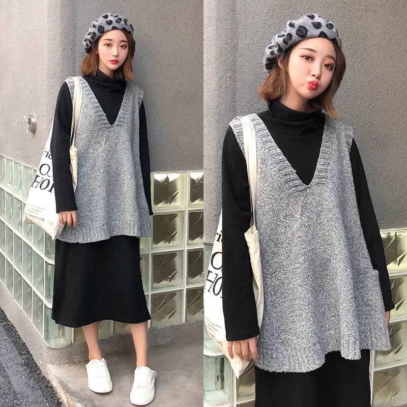

Pregnant Women Dress Autumn And Winter Skirt Loose-Fit Mid-length Sweater Waistcoat High Collar Thick T-shirt Dress Two-Piece Se
