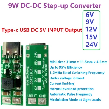 

9W mini Type-C USB DC 5V to 6V 9V 12V 15V 24V DC DC Boost Step-up Converter PWM PFM Voltage Regulator Module