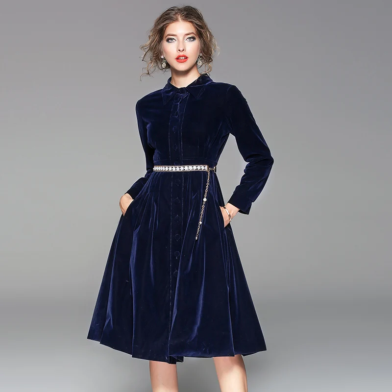 Женское синее бархатное платье осенне-зимнее однобортное винтажное платье с длинным рукавом ТРАПЕЦИЕВИДНОЕ карманное миди платье Vestidos с поясом