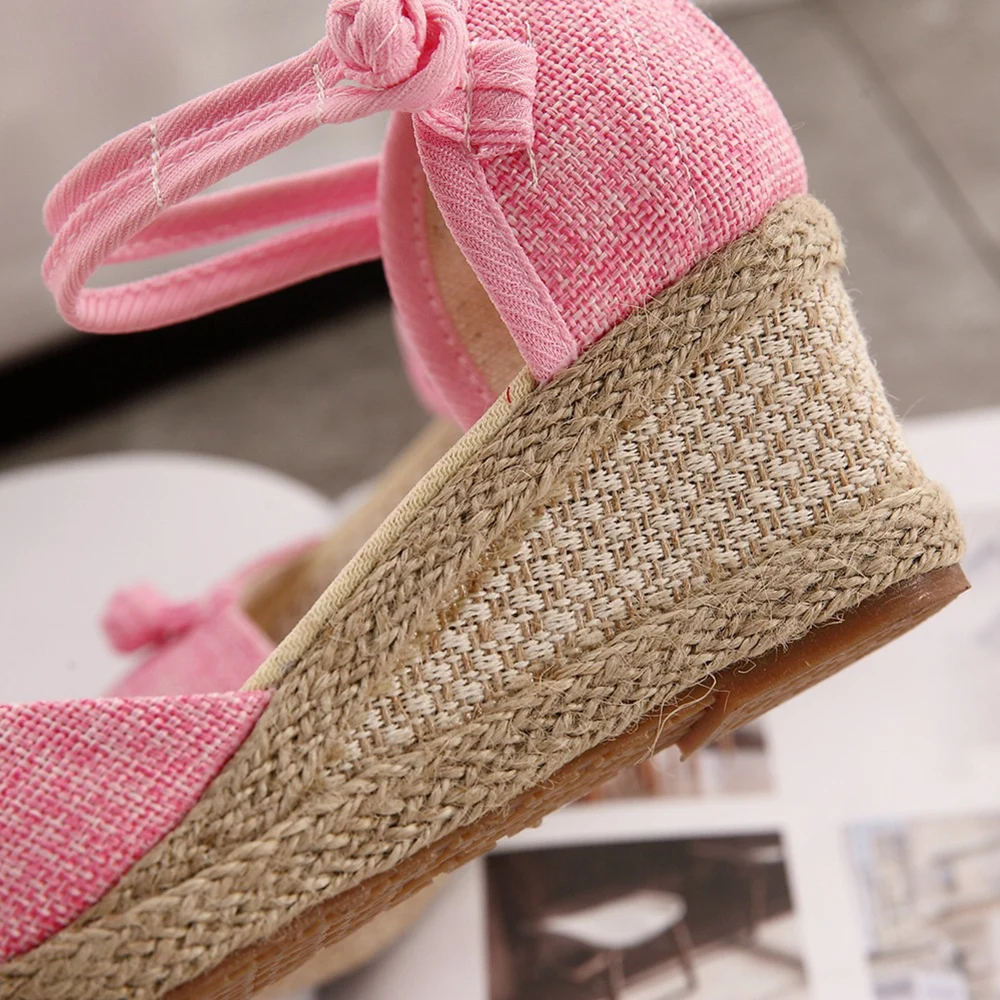Veowalk Handmade Women Closed Toe Linen Wedge Espadrilles Sandals Summer Ladies Casual Ankle Strap Comfortable Platform Shoes