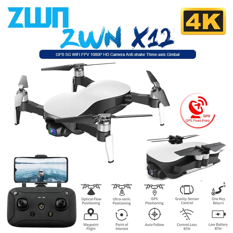 ZWN X12 Anti-shake 3 Axis Gimble GPS Drone with WiFi FPV 4K HD Camera Brushless Motor Foldable Quad