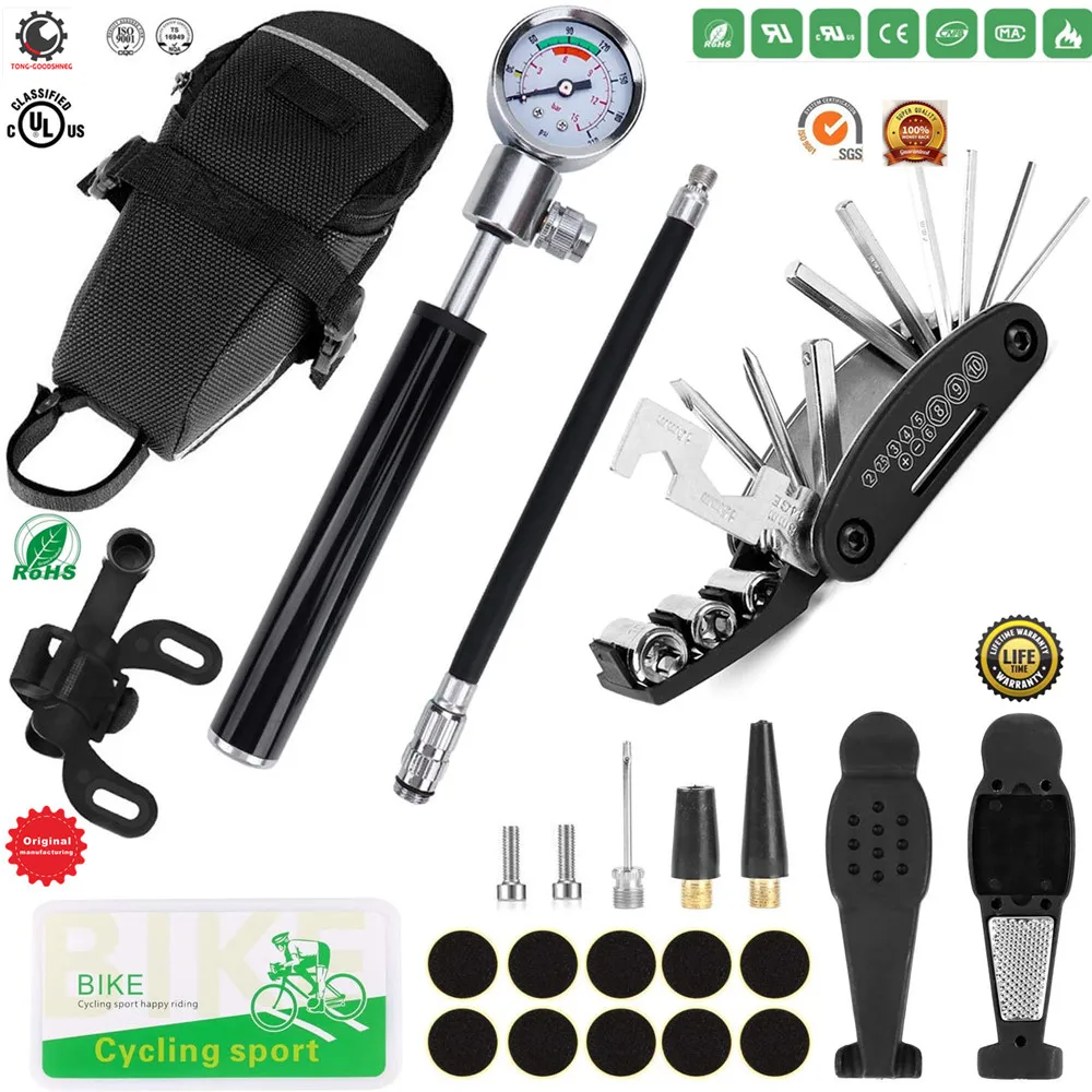 Bike Tire Repair Tool Kit with 210 PSI Gauge Hand Pump,16 in 1 Multi