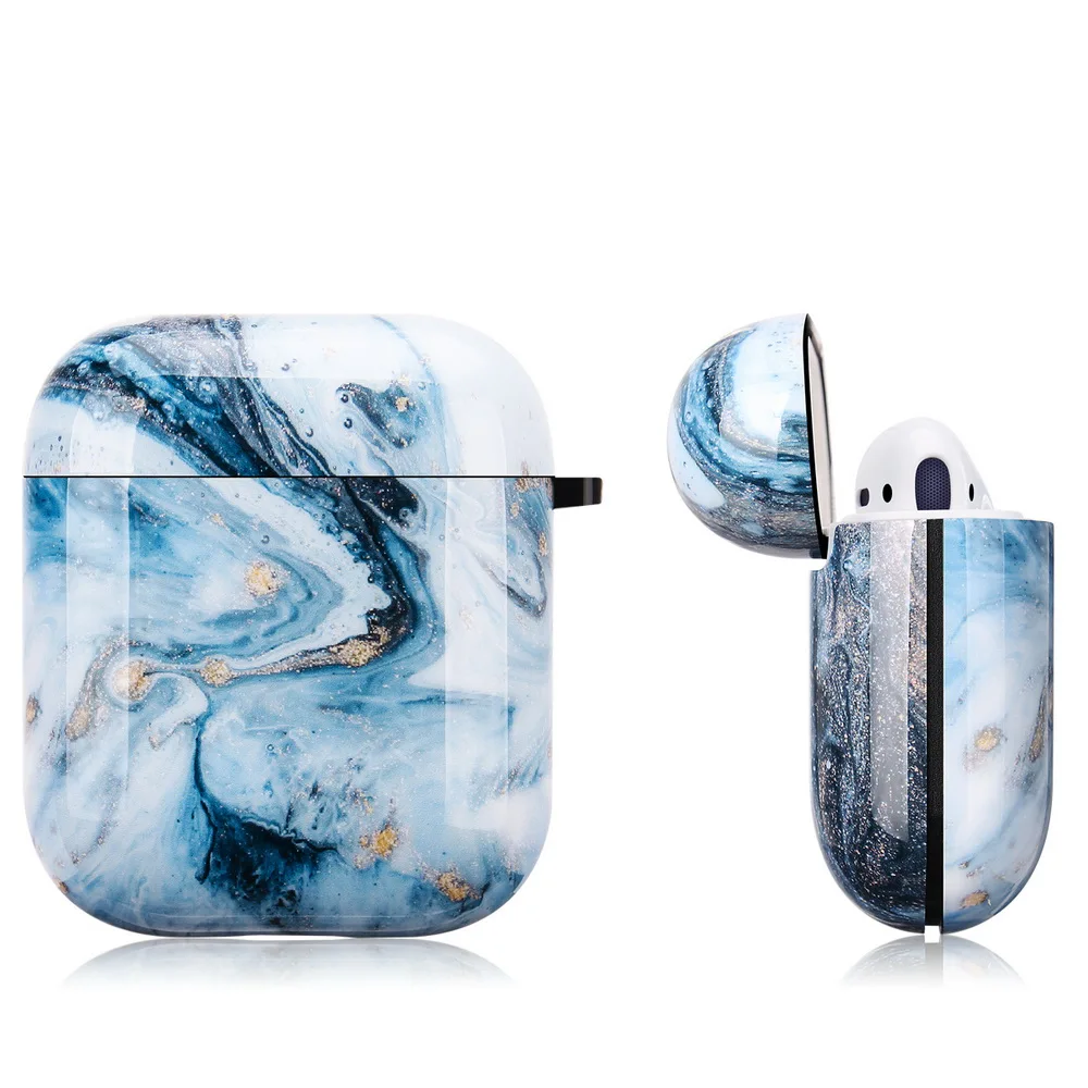 

Netarlier New Protective TPU Soft Earphone Case For Apple Airpods 1 2 Glossy IMD Ice Blue Marble Earphone Cover With Hanger Hook