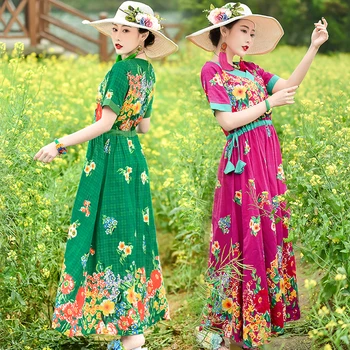 

Ethnic Women Summer Cotton Linen Literary Print V-neck Robe Dress Vestidos Boho Beach High Waist Loose Large Size Dresses