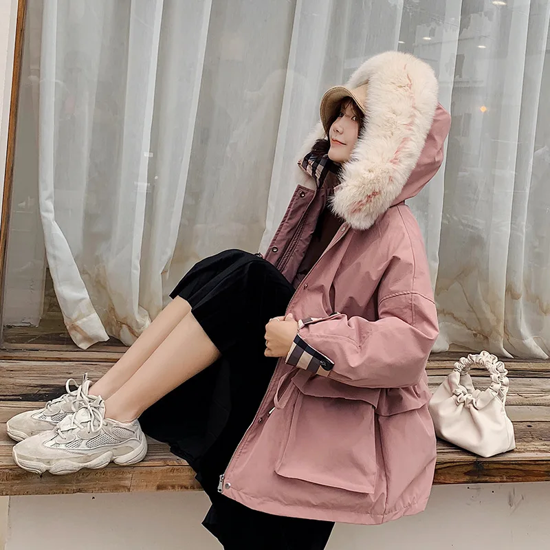 

2019 Winter Plaid Down Jacket Short Fox Real Fur Collar Down Jacket Female Cold Winter Warm Winter Jacket