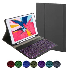 For ipad 7 10.2inch 7 Colors Backlit Tablet Bluetooth Keyboard with Cloth Marks Tablet Leather Protective Case with Pen Holder