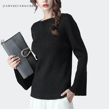 

Women Slash Neck Sweater Flare Sleeve Black Sequined Knitted Sweaters Loose Plus Size Warm Thicken Winter Top Ladies Pullovers