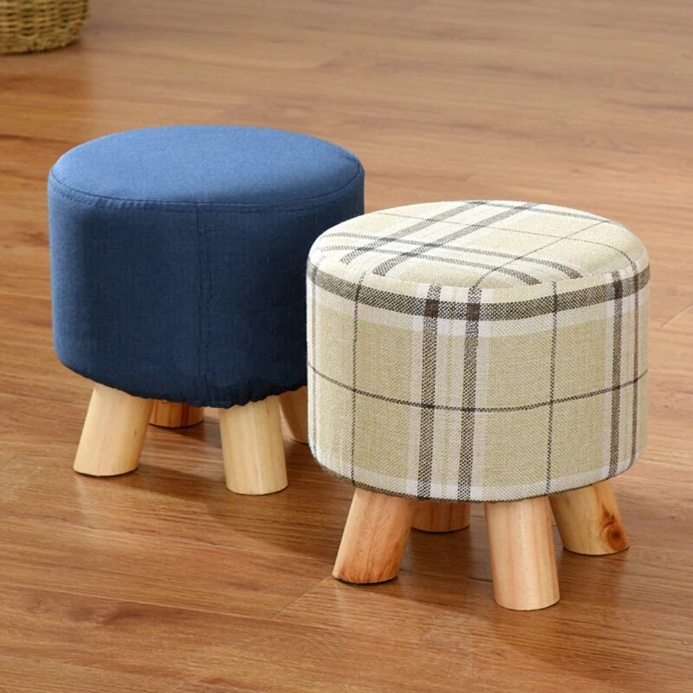 Round Fabric Creative Solid Wood Thickened Footstool Padded Foot Rest Folding Storage Seat Stool with Removable Cover