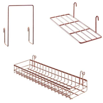 

NEW-3 Pcs Rose Gold Grid Basket with Hooks Bookshelf Display Shelf for Wall Grid Panel Wall Mount Organizer and Storage Shelf Ra