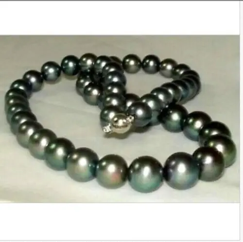 

stunning 10-11mm perfect round tahitian black pearl necklace 18inch 925silver GOLD