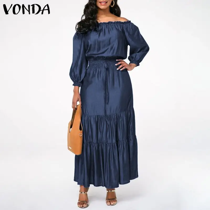 VONDA, женское платье,, рукав-фонарик, богемный стиль, сарафан, повседневное, свободное, Vestidos размера плюс, сексуальное, с открытыми плечами, макси, длинное платье, S-5XL