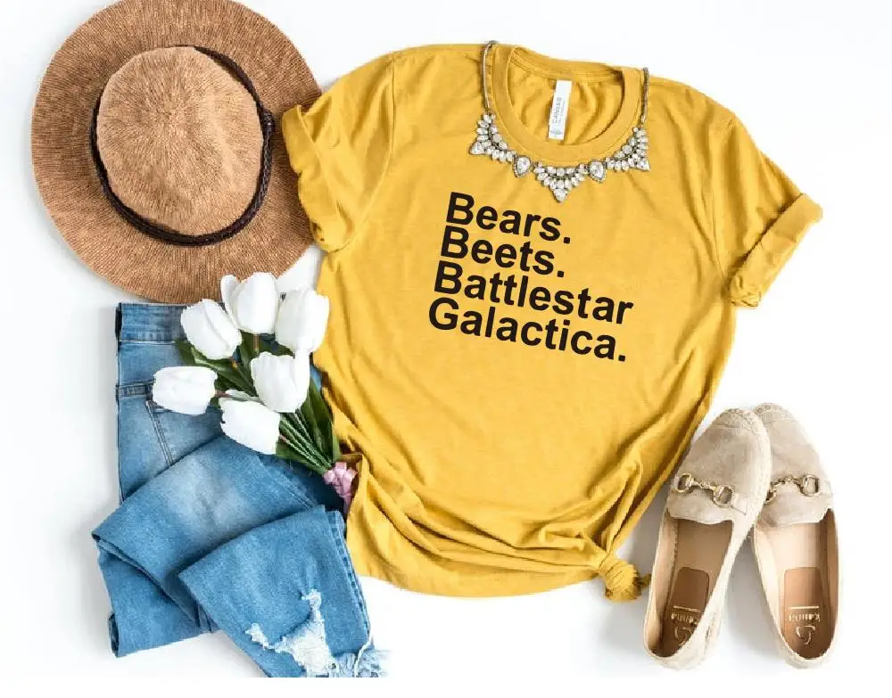 yellow t black words Beets battlestar Galactica футболка Dwight Schrute Farms Повседневная Женская хлопковая модная футболка с коротким рукавом Прямая поставка - Цвет: yellow t black words