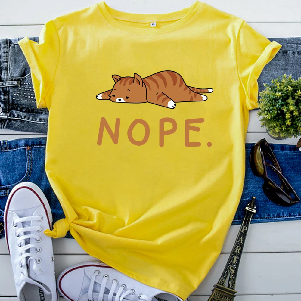 Small Cat Character Letters Cartoon Printing T Shirt For Women Gothic Oversized Women'S Clothes Fashion Kawaii Woman T-Shirt