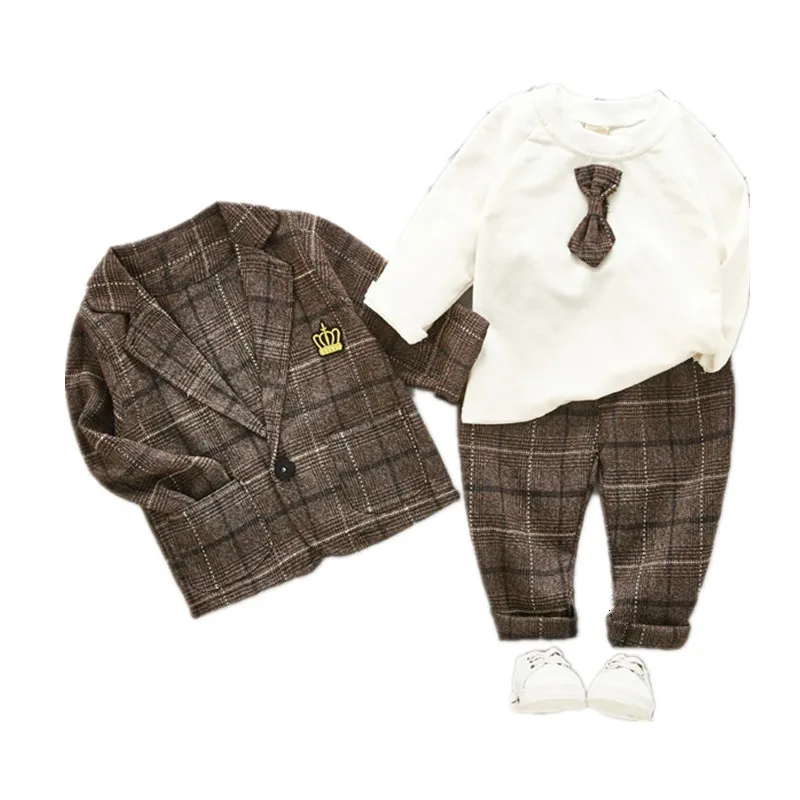 

Spring Autumn Garment Children Boy Lattice Suit Tie T Shirt Pants 3Pcs/sets Kid Infant Cotton Clothing Toddler Casual Sportswear