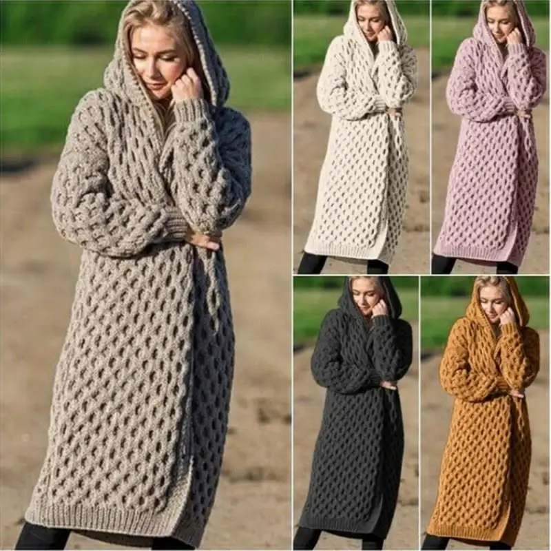 ^Cheap Autumn Fashion Women's Hooded Thick Knitted Sweater Cardigan Plus Size Long Sleeve Winter Warm Hooded Cloak Coat
