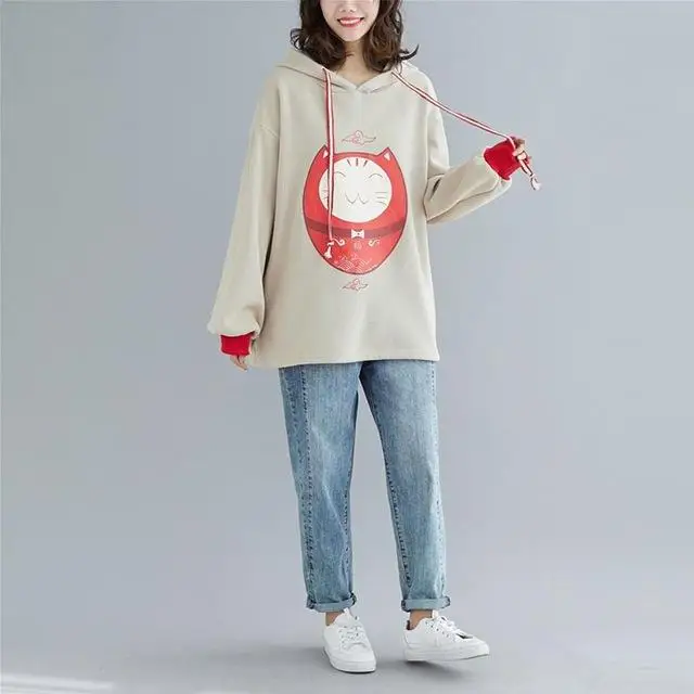 Khaki Hoodie Теплые женские толстовки размера плюс на осень и зиму, в китайском стиле, с принтом кота, с героями мультфильмов, более размера d, вельветовые уличные Топы - Цвет: Khaki Hoodie