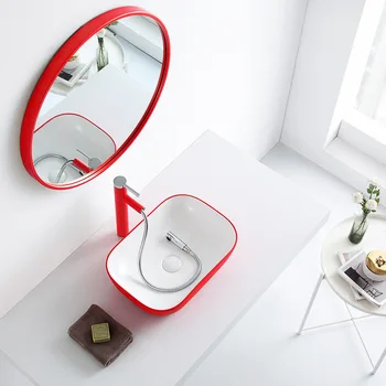 

Red Wash Hand Basins Bathroom Accessory Countertop Sinks Ceramic Bathroom Sink Bowls Red Sink Tap Washbasin Shampoo Sink