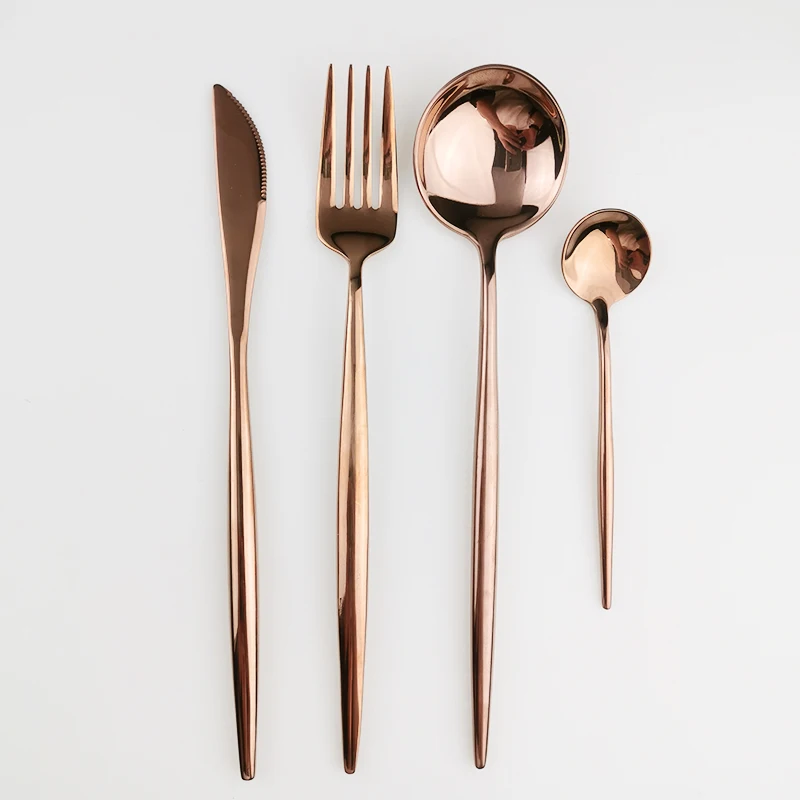 Rose Gold Dinnerware Set 304 Stainless Steel Mirror Cutlery Set Knives Forks Spoons Silverware Kitchen Home Party Tableware Set