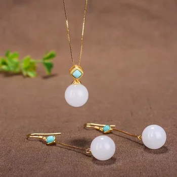 

Wholesale Xinjiang White Jade Round Bead Earrings Clavicle Chain Set Female S925 Silver Inlaid 12mm White Jade Round Bead Earrin