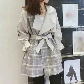 

Autumn Winter Women Casual Plaid Trench Coat Korea Lapel Patchwork Outwear Sash Single Breasted Lace Up Windbreaker