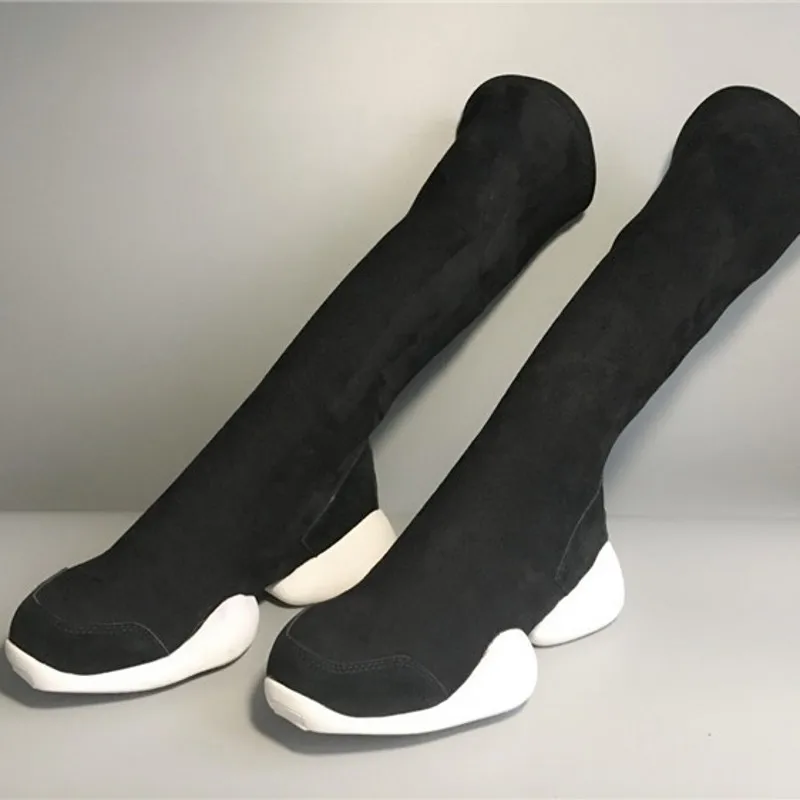 Personality Unisex Thick Bottom Stretch Mid Calf Knight Boots Spring Autumn New Brand Round Toe Slip On Increase Cow Suede Boots - Цвет: 35cm suede