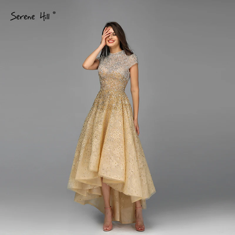 Роскошные золотые бисера пайетки короткий рукав вечерние платья 2019 новый дизайн Высокая Низкая платье для выпускного вечера халат De Soiree
