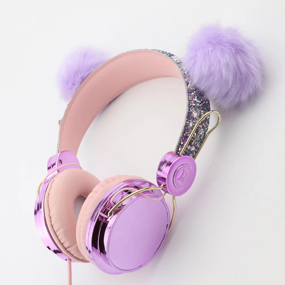 Headphones Computer Volume Limiting Cute Glitter Birthday Gift Kids Built In MIC School Cartoon Wired Music Plushy