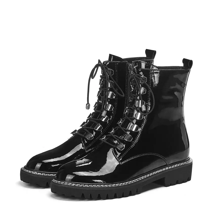 QUTAA/ г.; нескользящие ботильоны из коровьей кожи на квадратном каблуке; модная женская обувь на платформе со шнуровкой и молнией с круглым носком; размеры 34-39 - Цвет: Black-Patent Leather