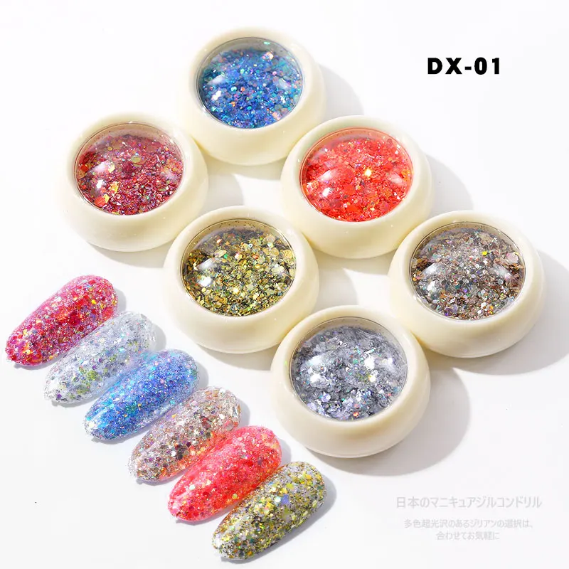 6 коробок/набор Смешанные Лазерные Блестки для дизайна ногтей Блестящий Порошок блестящие красочные хлопья пигмент лак для ногтей УФ гель Дизайн Маникюр пыль - Цвет: DX-01