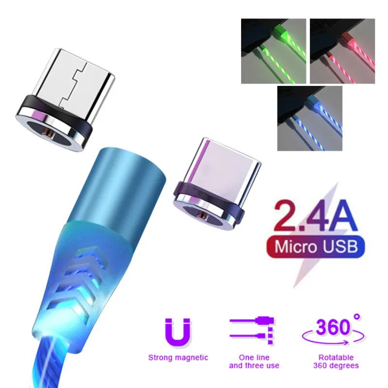 

LED Magnetic Flowing Light USB Cable Fast Charging Micro USB and Type C Cable Sync Data Phone Cables Quick Charge Magnet Charger