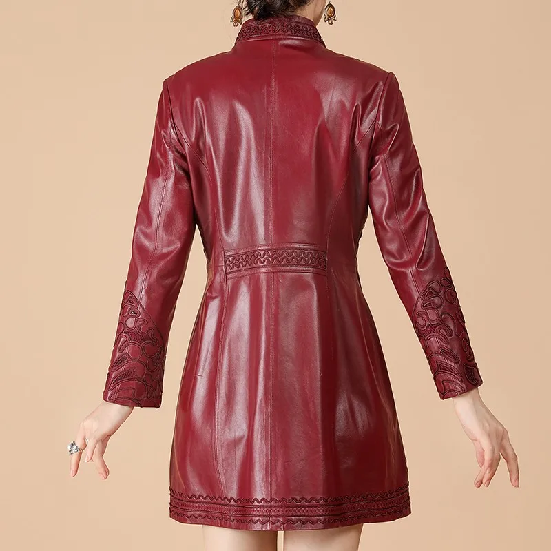 Осенняя Женская куртка из натуральной кожи с вышивкой, тонкая куртка из овчины, Офисная Женская ветровка средней длины размера плюс 6XL