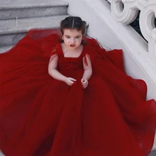 Gorgeous Baby Girl Long Formal Princess Ball Gown Dark Red Flower Girl Dress Little Girls Celebration Dresses for New Year
