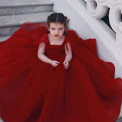 Gorgeous Baby Girl Long Formal Princess Ball Gown Dark Red Flower Girl Dress Little Girls Celebration Dresses for New Year