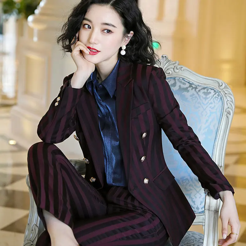 

IZICFLY New Style Autumn Office Business red Striped Blazer Set With Trouser Uniform Design Plus Size pants suit women work wear