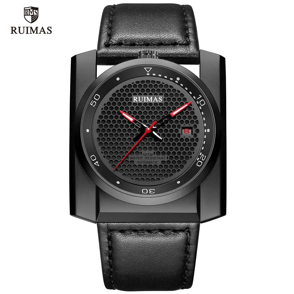 RL6775G-Black RUIMAS, Роскошные автоматические часы, мужские Аналоговые механические часы с квадратным циферблатом, черные кожаные Наручные часы, мужские часы 6775 - Color: RL6775G-Black