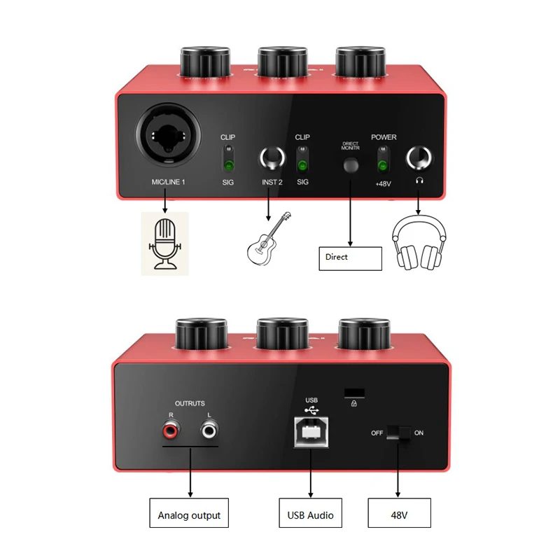 

1pc For Microphones USB Audio Interface Amplifier 2 in/2 out /48 kHz 16BIT Converter Adapter For Headphone Computer Red Speakers