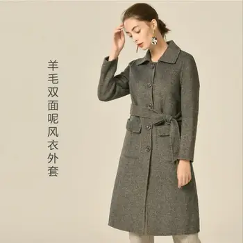 

winter spring new 100% Temperament double-faced wool coat female new longer herringbone wool blends coat factory outlets F810