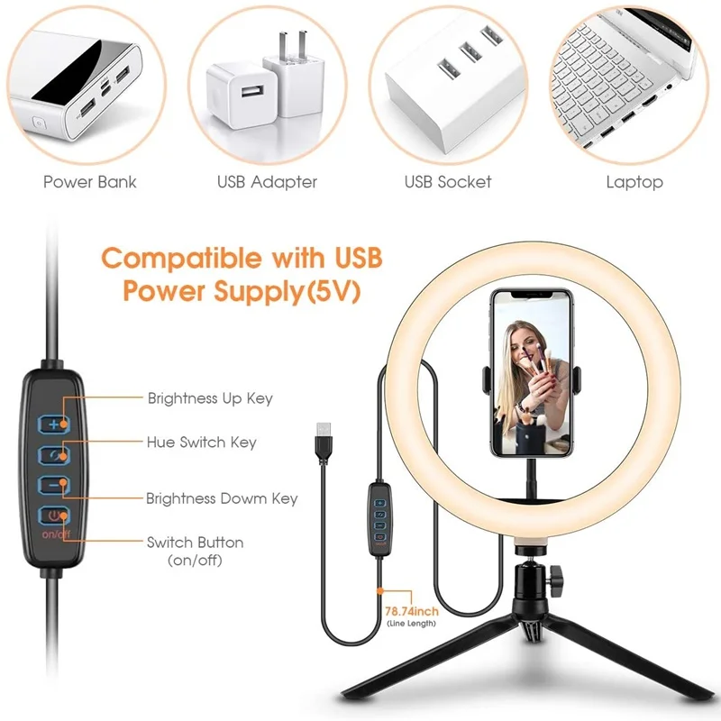 밝기 조절 LED 셀카 링 필라이트, 사진 Led 링 램프 삼각대 포함 메이크업 비디오 라이브 유튜브 Aro De Movil Luz Para