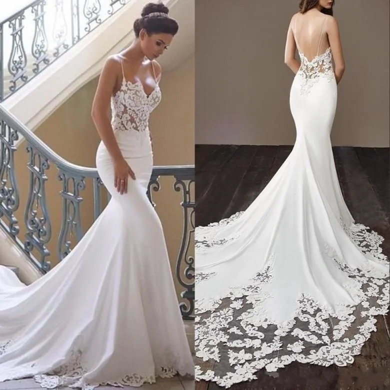 2021 Gowns Sexy Spaghetti Backless Mermaid Wedding Dresses Satin Lace Applique Sweep Train Bridal Custom