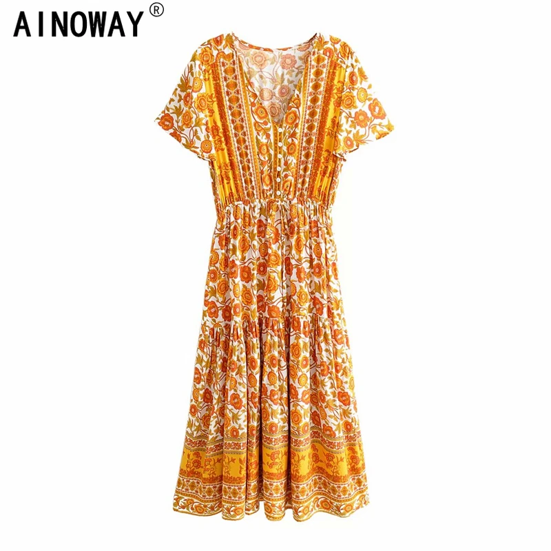 

Vintage Chic women yellow Floral print rayon Bohemian beach maxi dress Ladies V neck Tassel Summer pleated Boho dress vestidos