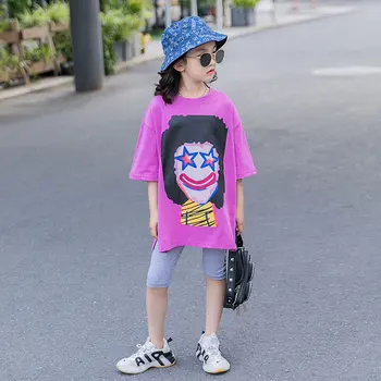 

New Fashion Purple Tops for Teens Children Cartoon T-shirts for Teens Baby Girls Cotton Top Purple Kids Summer Korean Clothes
