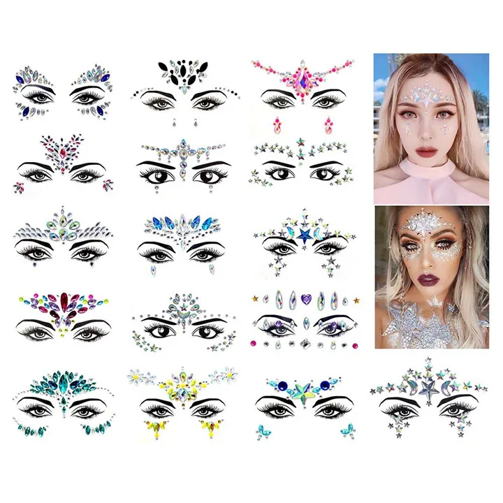 8   Acrylic Resin Drill Diamond Face Jewelry Women Masquerade Party Decor Diy Eyebrow Eye Face Stickers Colorful Crystal Stickers